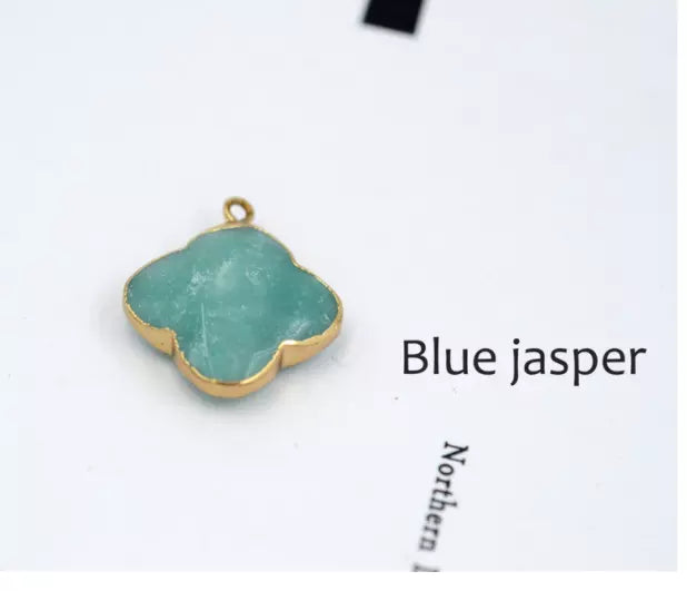 Natural stone lucky clover pendant jade gold plated edge Necklace