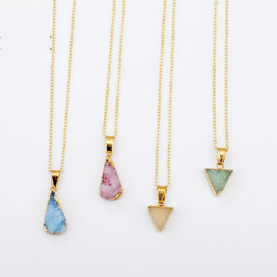 Dainty Minimalist Natural Stone Geometric Triangle Druzy Necklace