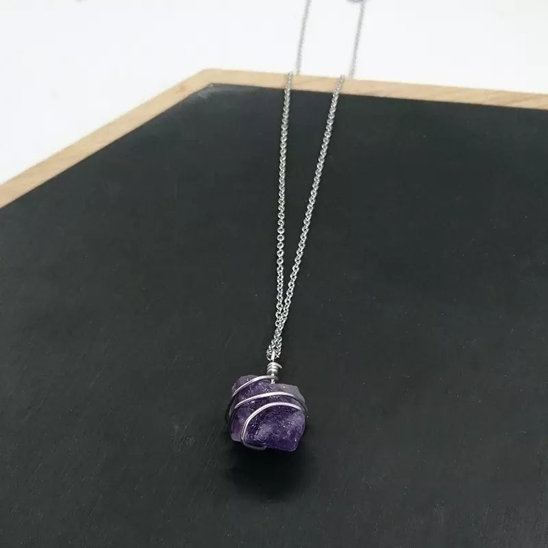 Raw Natural stone Wire Enwind Gemstone Pendant Necklace