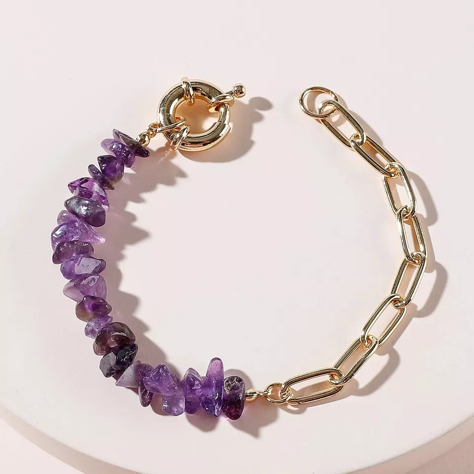 Half Metal Chain Half Purple Natural Crushed Stone Bracelet