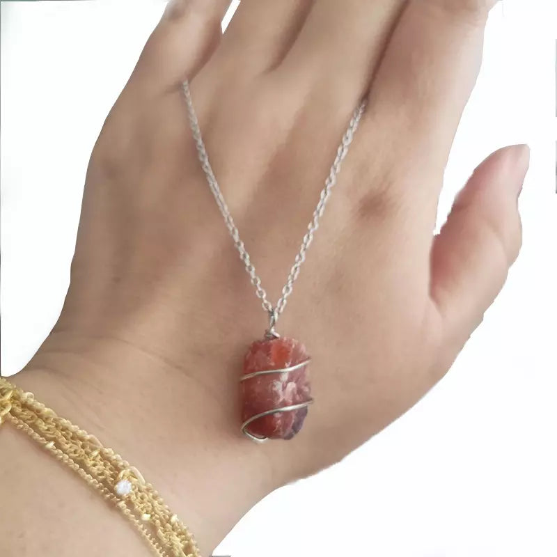 Raw Natural stone Wire Enwind Gemstone Pendant Necklace