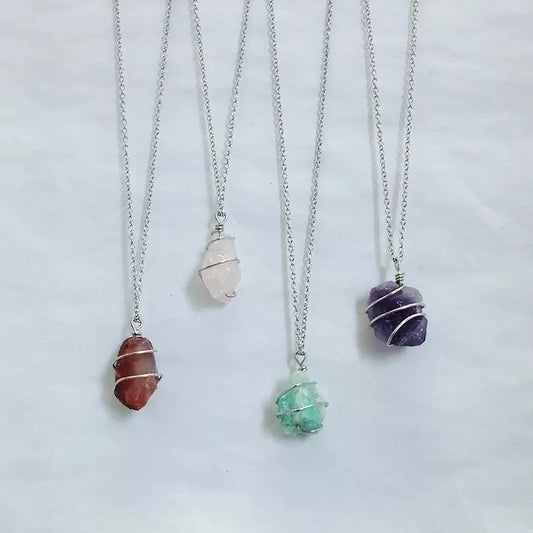 Raw Natural stone Wire Enwind Gemstone Pendant Necklace